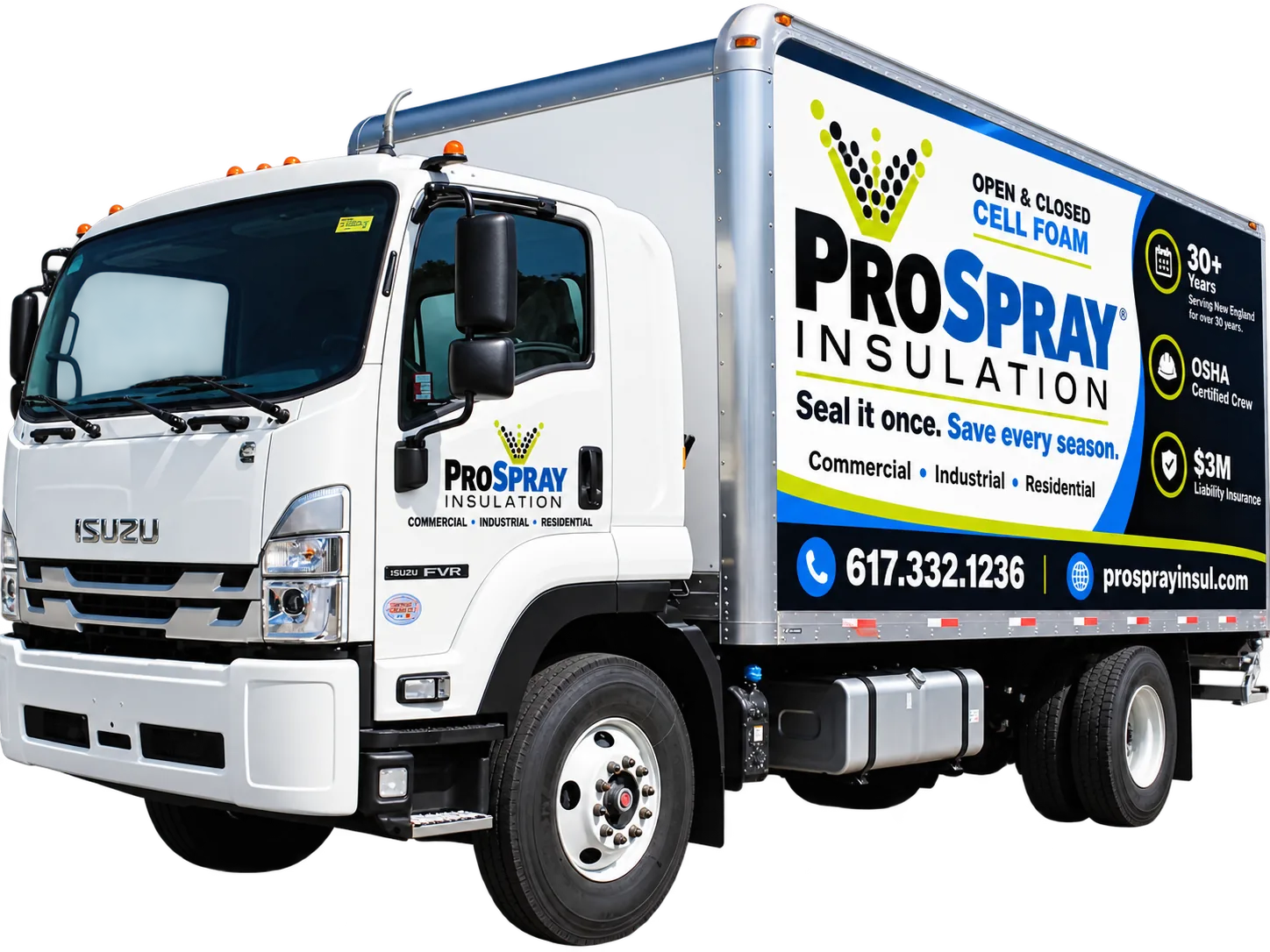 ProSpray Insulation box truck, front three-quarter view