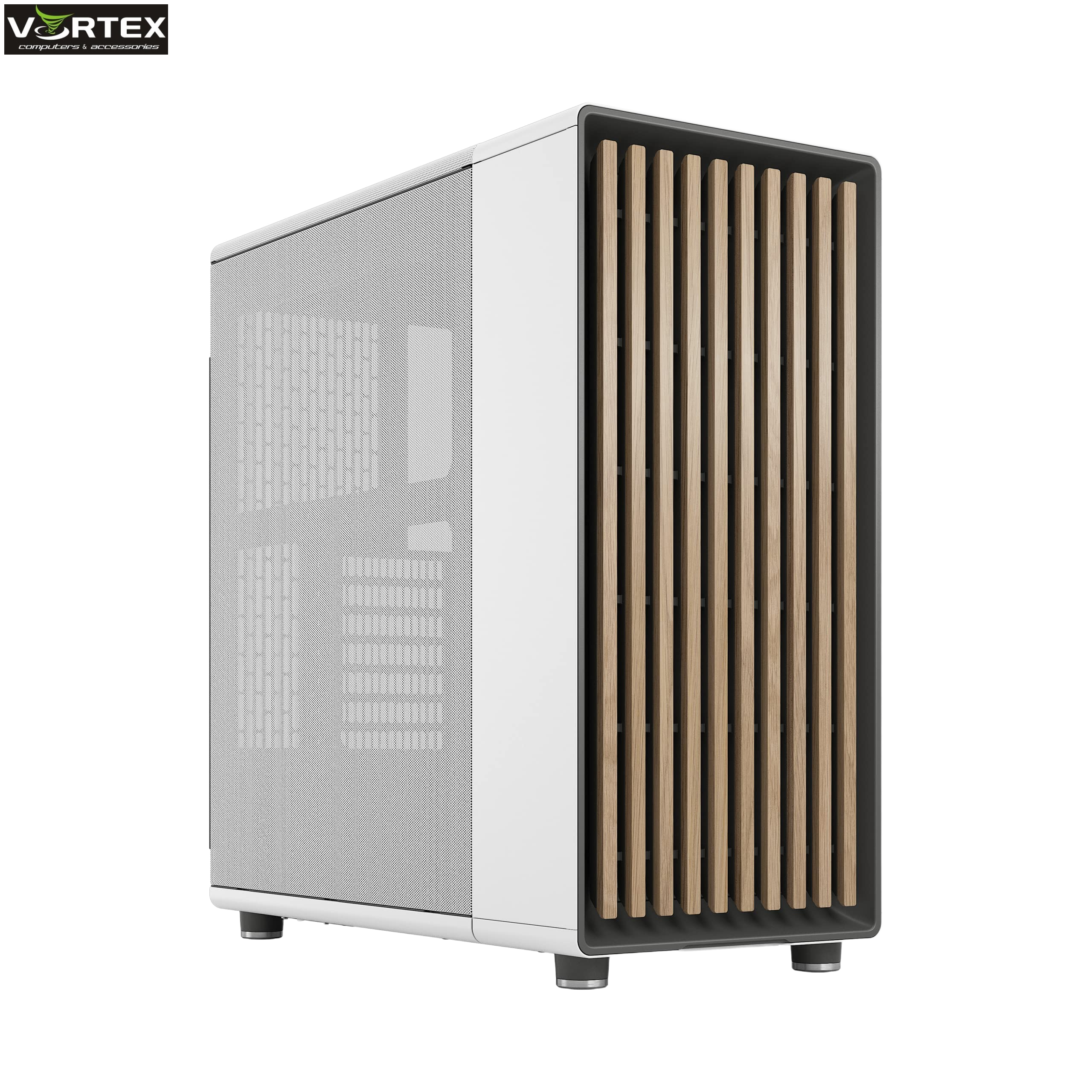 CASE FRACTAL DESIGN ATX Mid-Tower NORTH, 2x140mm Aspect 4-pin PWM fans, w/WINDOW, Side Mesh+Front wood panel, Chalk White, FD-C-NOR1C-03