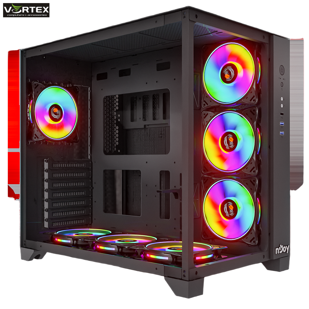 Case nJoy AURA, Designed for gaming rigs , Left pannel: 120mm ARGB fan x 3 (included), Rear: 120mm ARGB fan x 1 (included), Bottom: 120mm ARGB fan x 3 (included),Sync Controller + remote, Dimensions (W x H x D)420 x 288 x 388 mm CSMD-A000TAU-BL01B